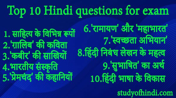 Top 10 Hindi questions for exam